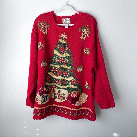 Vintage Sweaters - Vintage Y2K Christmas Tree Ugly Holiday Sweater Embroidered Red 22/24